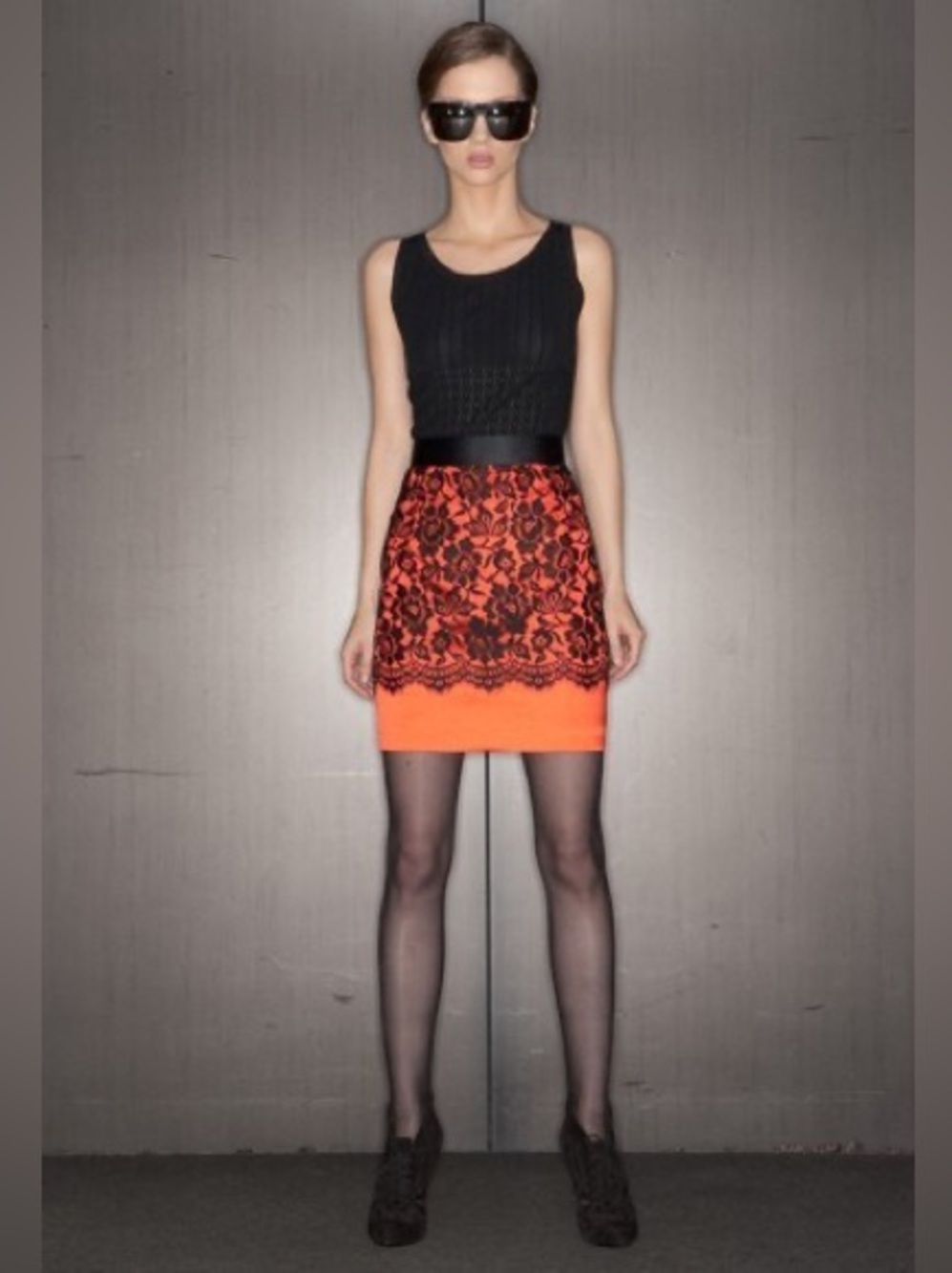 The Limited Black Lace Overlay on Orange Pencil Skirt 1342